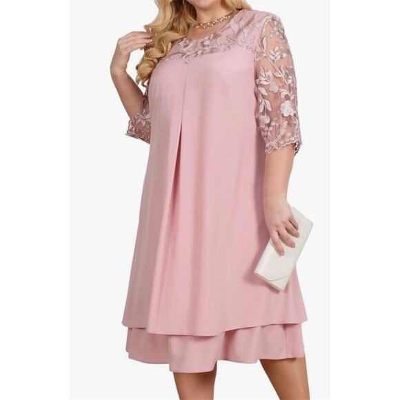 Women's Plus Size Embroidered Floral Lace Sleeve Dress Elegant Half Sleeve - Picture 1 of 4